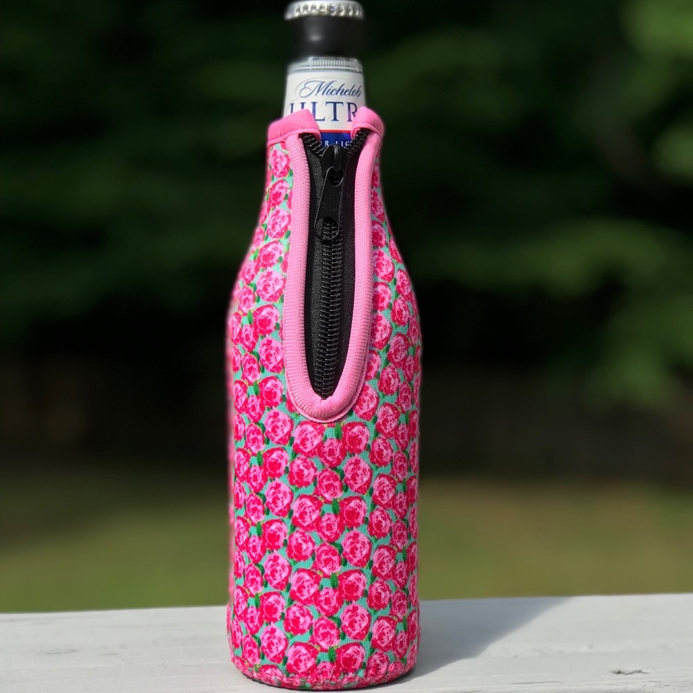 Get TWO ! Pink rose patterned beer koozie NEW!